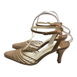 Ann Marino Tan and Cream Leather Woven Ankle Strap Heels Size 8.5 EUC